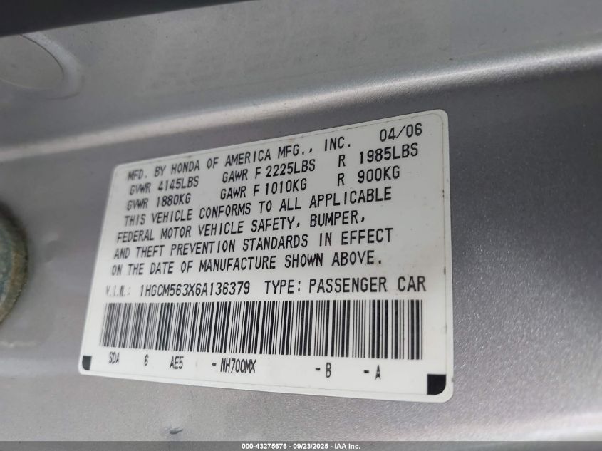 2006 Honda Accord 2.4 Se VIN: 1HGCM563X6A136379 Lot: 43275676