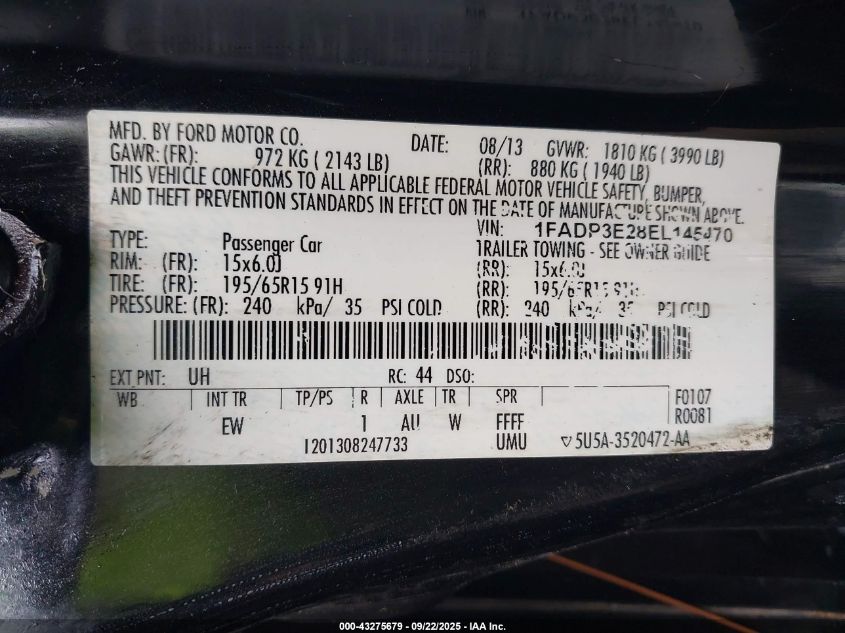 2014 Ford Focus S VIN: 1FADP3E28EL145470 Lot: 43275679