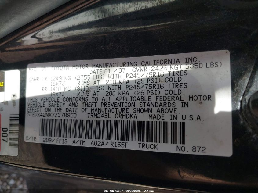 2007 Toyota Tacoma VIN: 5TEUX42NX7Z378950 Lot: 43275687