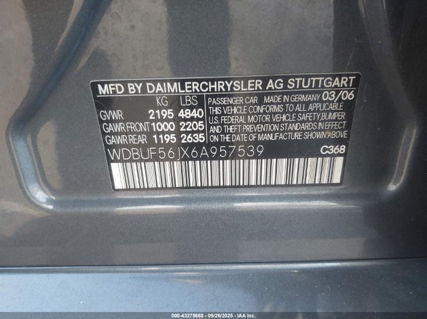 2006 Mercedes-Benz E 350 VIN: WDBUF56JX6A957539 Lot: 43275688