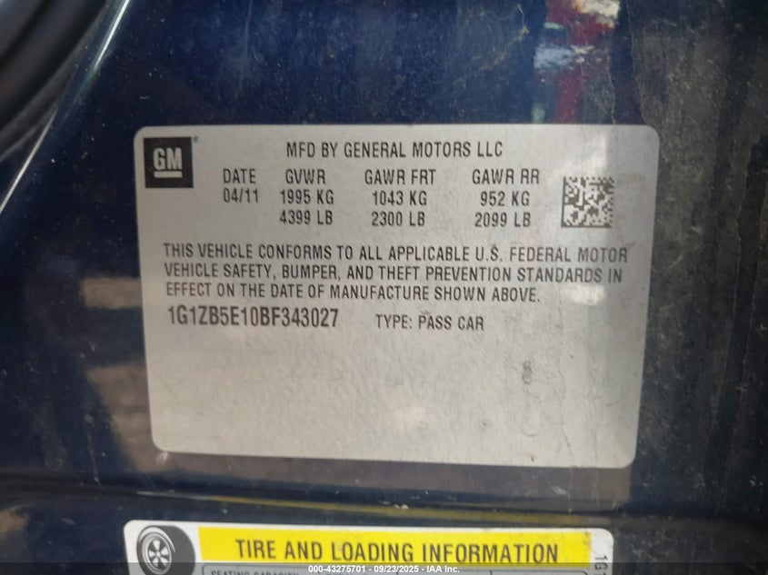 2011 Chevrolet Malibu Ls VIN: 1G1ZB5E10BF343027 Lot: 43275701