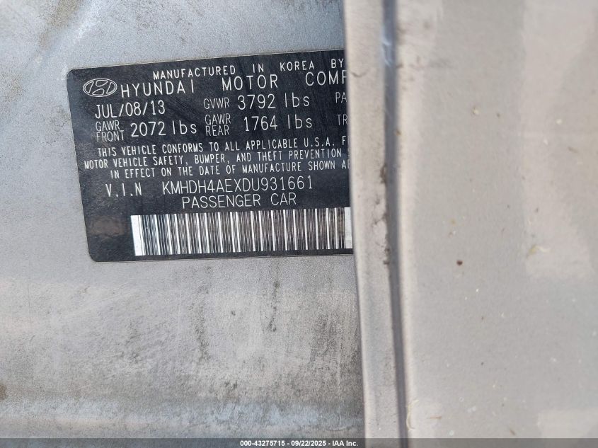 2013 Hyundai Elantra Gls VIN: KMHDH4AEXDU931661 Lot: 43275715