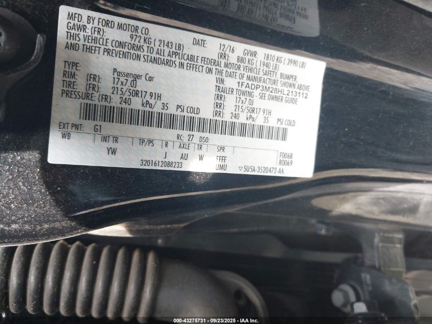 2017 Ford Focus Sel VIN: 1FADP3M28HL213112 Lot: 43275731