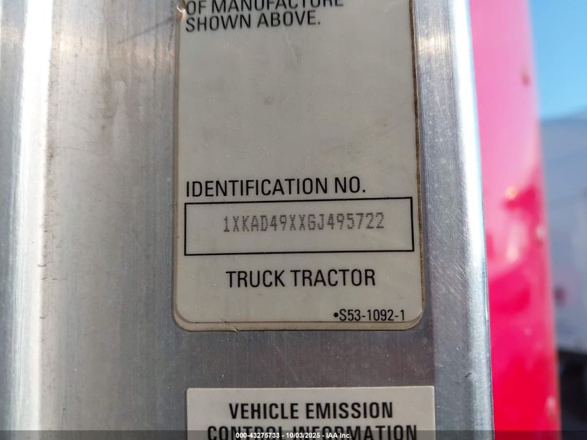 2016 Kenworth Construction T660 VIN: 1XKAD49XXGJ495722 Lot: 43275733