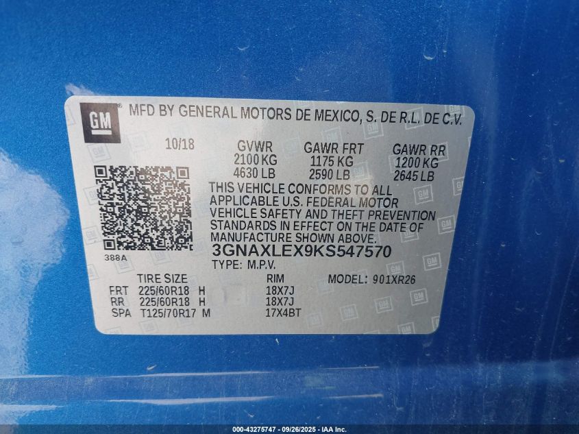 2019 Chevrolet Equinox Lt VIN: 3GNAXLEX9KS547570 Lot: 43275747