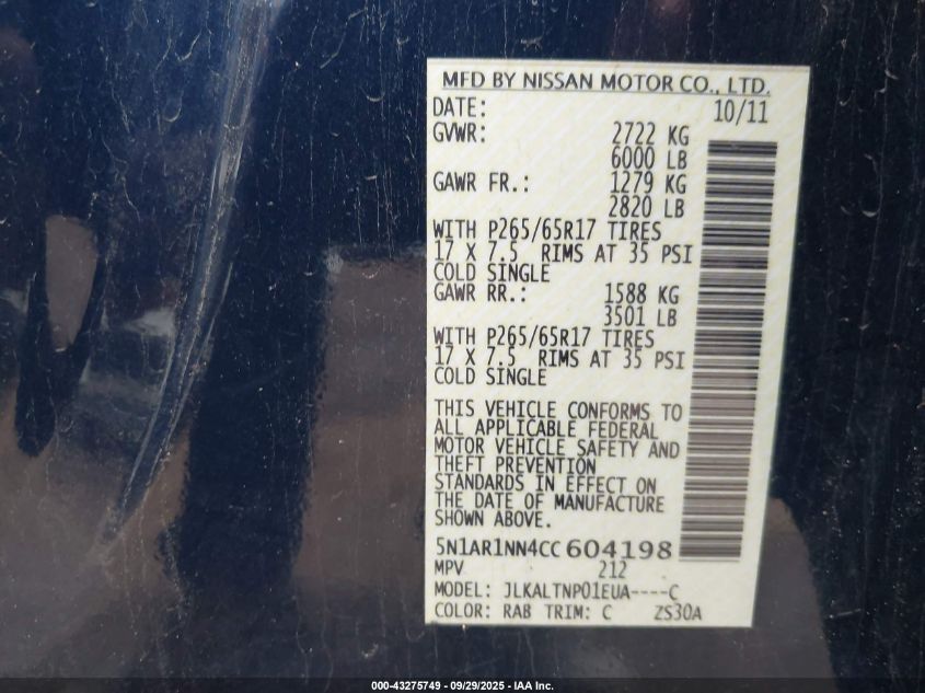 2012 Nissan Pathfinder Sv VIN: 5N1AR1NN4CC604198 Lot: 43275749