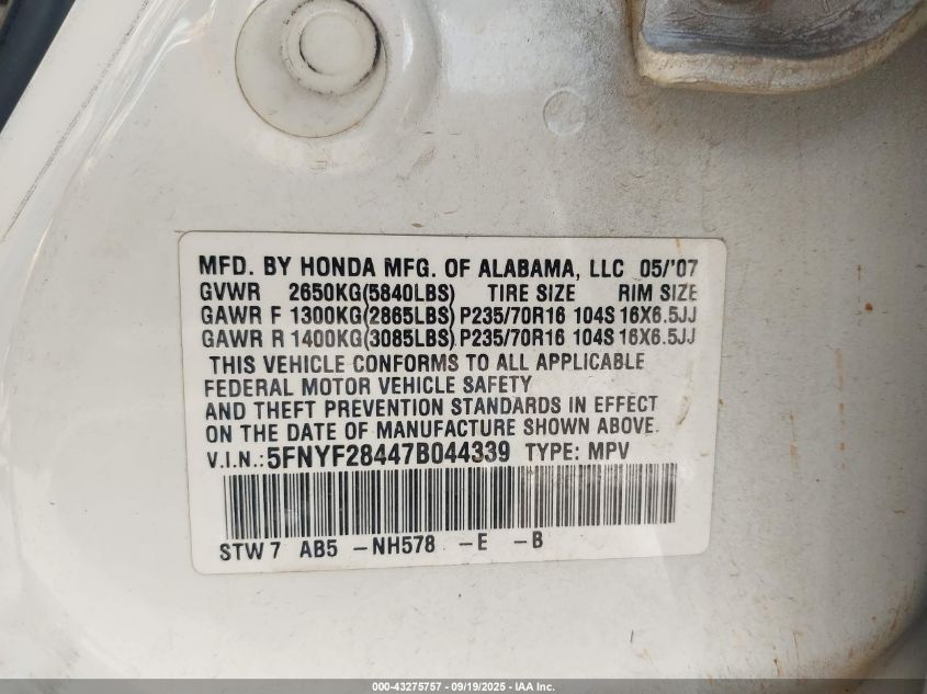 2007 Honda Pilot Ex VIN: 5FNYF28447B044339 Lot: 43275757
