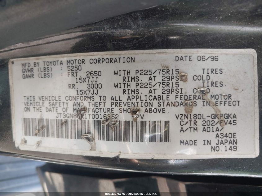 1996 Toyota 4Runner Sr5 VIN: JT3GN86R1T0016852 Lot: 43275775