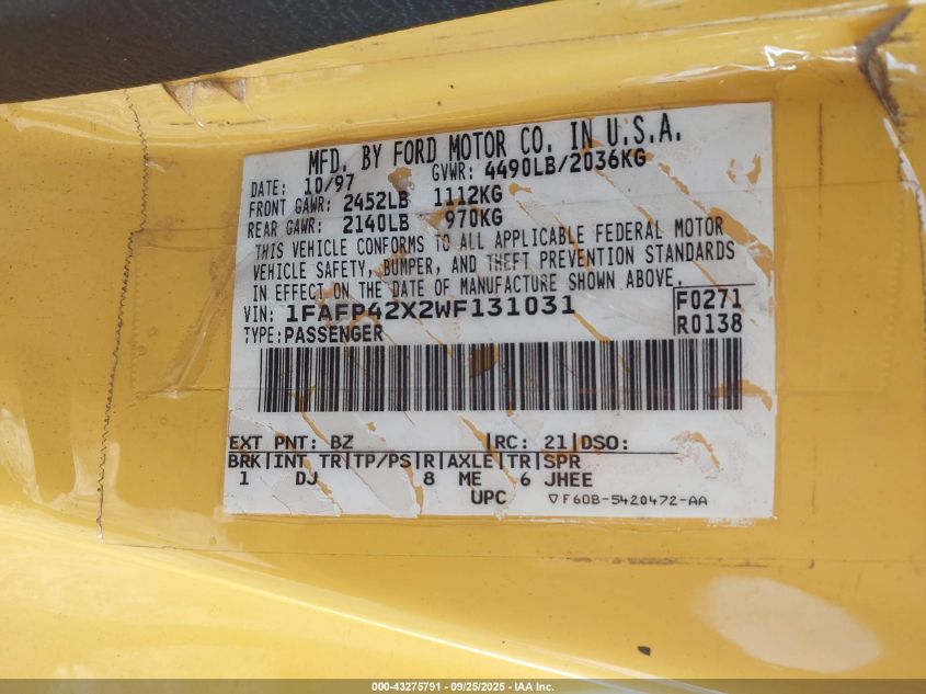 1998 Ford Mustang Gt VIN: 1FAFP42X2WF131031 Lot: 43275791