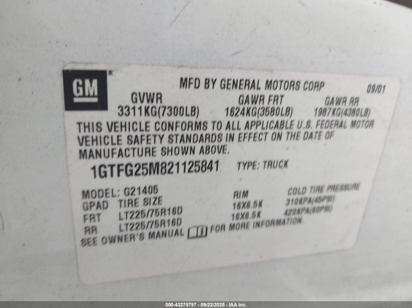 2002 GMC Savana Standard VIN: 1GTFG25M821125841 Lot: 43275797