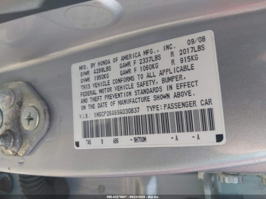 2009 Honda Accord 2.4 Lx-P VIN: 1HGCP26469A030837 Lot: 43275807