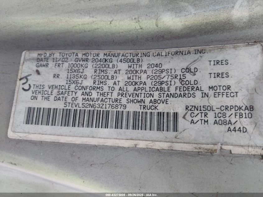 2003 Toyota Tacoma VIN: 5TEVL52N63Z176879 Lot: 43275808