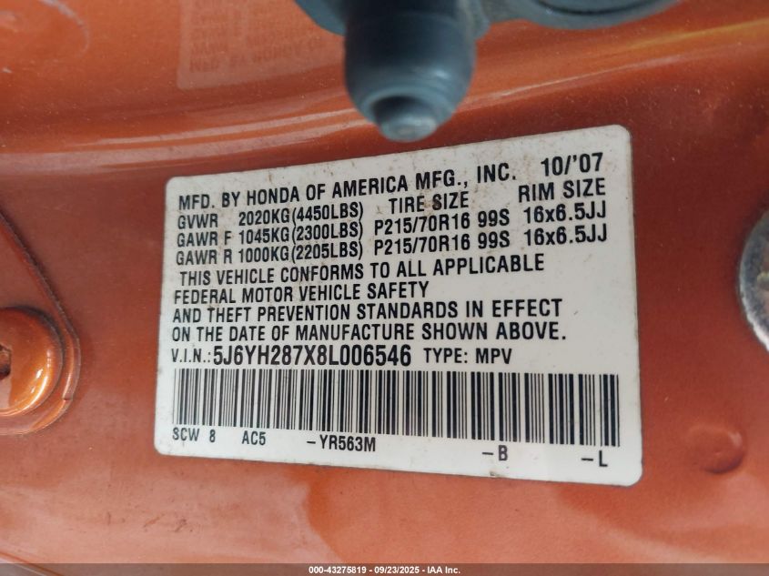 2008 Honda Element Ex VIN: 5J6YH287X8L006546 Lot: 43275819