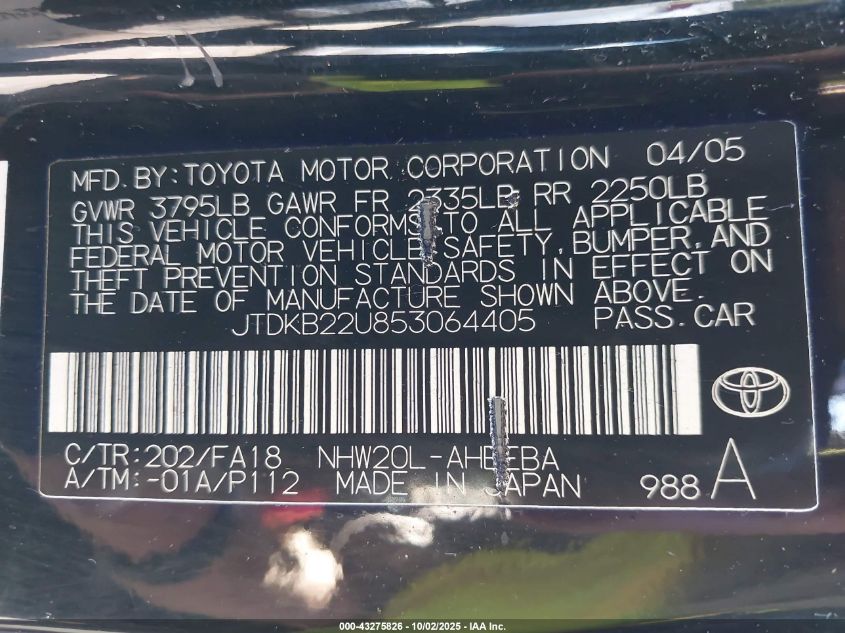 2005 Toyota Prius VIN: JTDKB22U853064405 Lot: 43275826