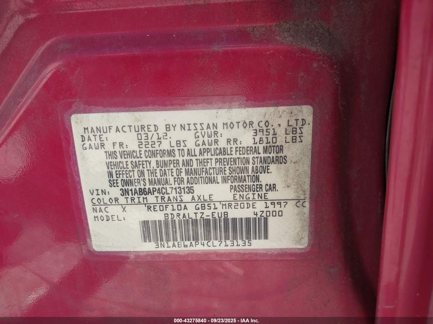 2012 Nissan Sentra 2.0 S VIN: 3N1AB6AP4CL713135 Lot: 43275840