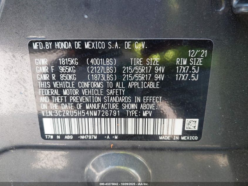 2022 Honda Hr-V 2Wd Ex VIN: 3CZRU5H54NM726791 Lot: 43275842