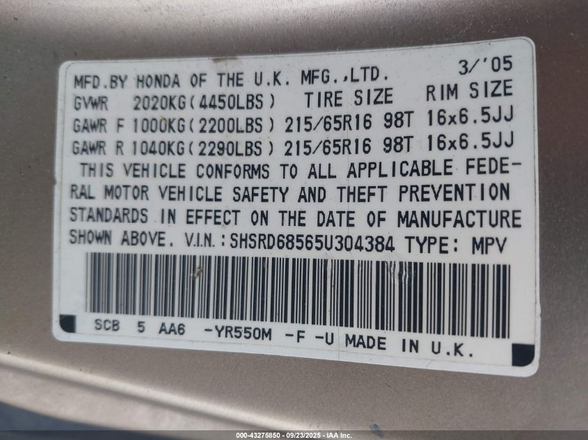 2005 Honda Cr-V Lx VIN: SHSRD68565U304384 Lot: 43275850