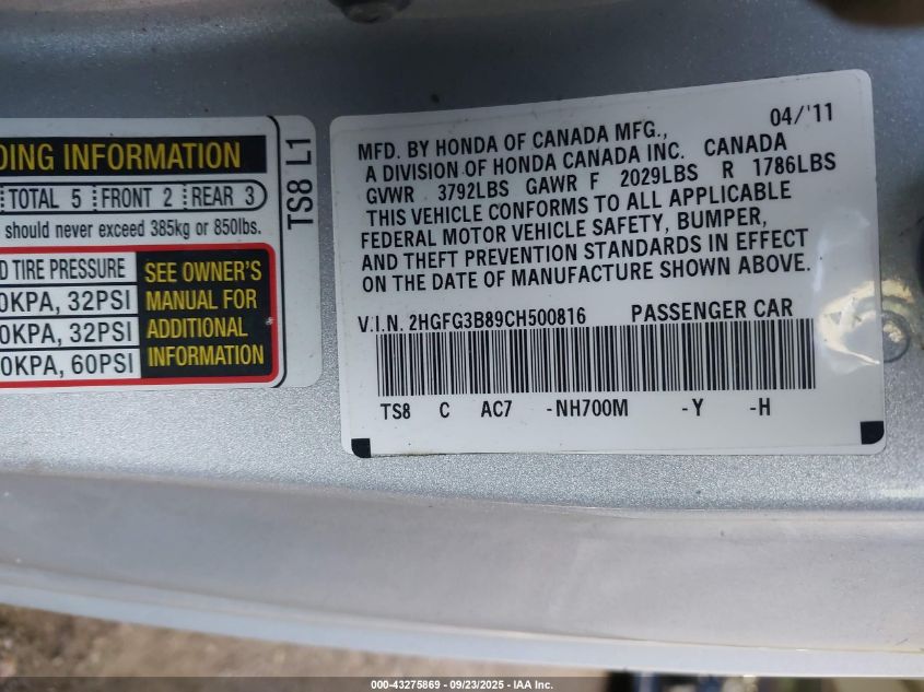 2012 Honda Civic Ex VIN: 2HGFG3B89CH500816 Lot: 43275869