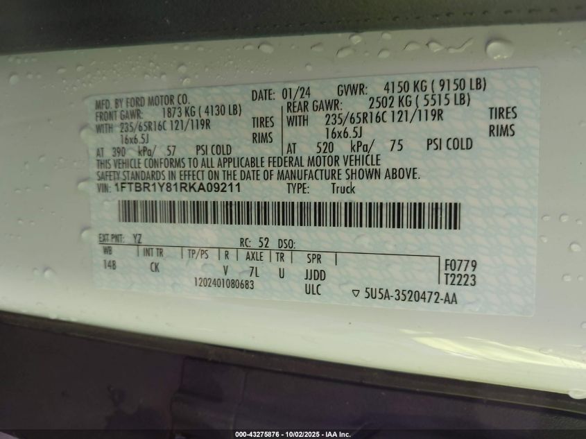 2024 Ford Transit-250 VIN: 1FTBR1Y81RKA09211 Lot: 43275876
