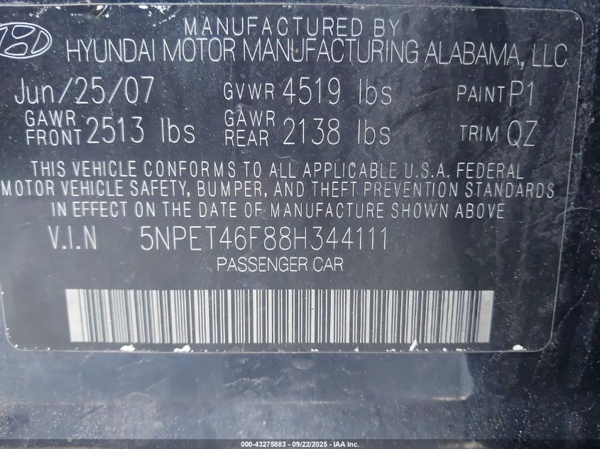 2008 Hyundai Sonata Gls V6 VIN: 5NPET46F88H344111 Lot: 43275883