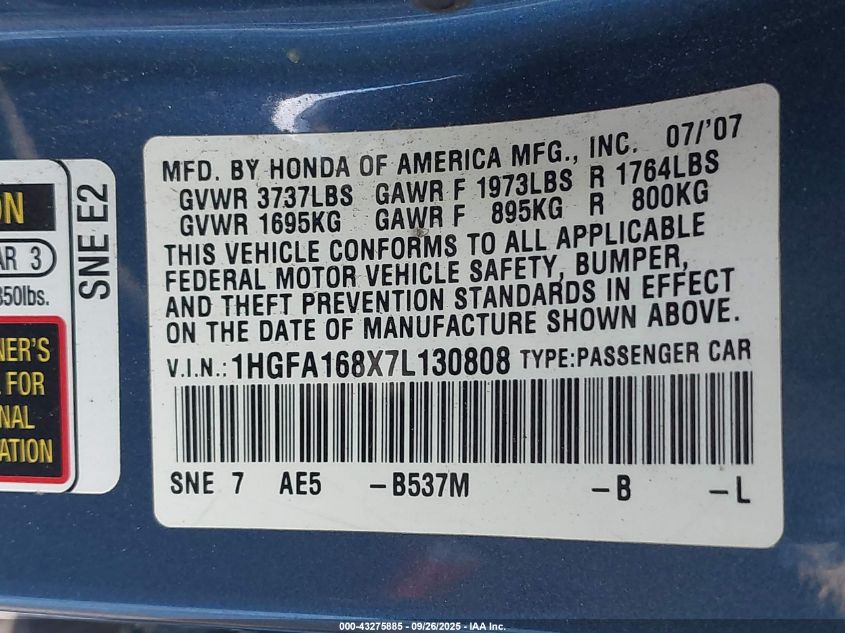 2007 Honda Civic Ex VIN: 1HGFA168X7L130808 Lot: 43275885
