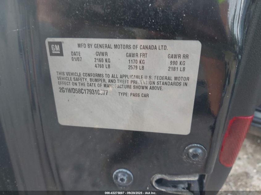 2007 Chevrolet Impala Ss VIN: 2G1WD58C179310077 Lot: 43275887