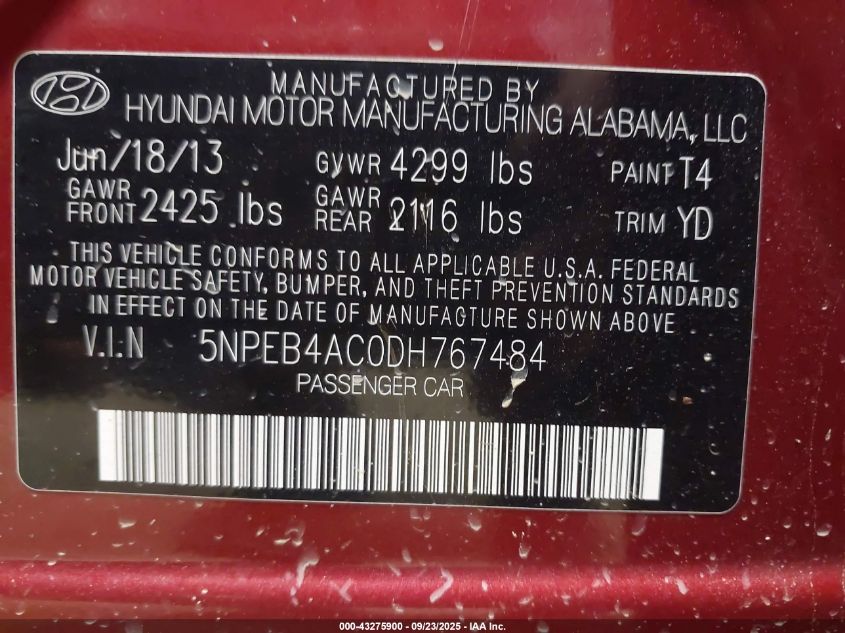 2013 Hyundai Sonata Gls VIN: 5NPEB4AC0DH767484 Lot: 43275900