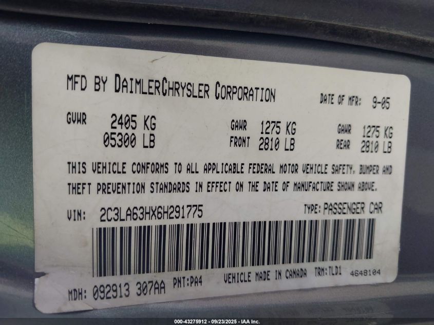 2006 Chrysler 300C VIN: 2C3LA63HX6H291775 Lot: 43275912