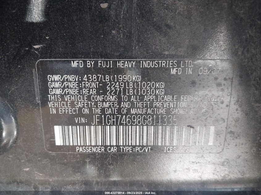 2008 Subaru Impreza Wrx VIN: JF1GH74698G811335 Lot: 43275914