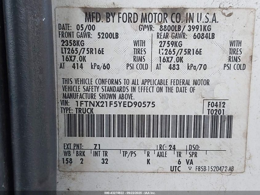 2000 Ford F-250 VIN: 1FTNX21F5YED90575 Lot: 43275922