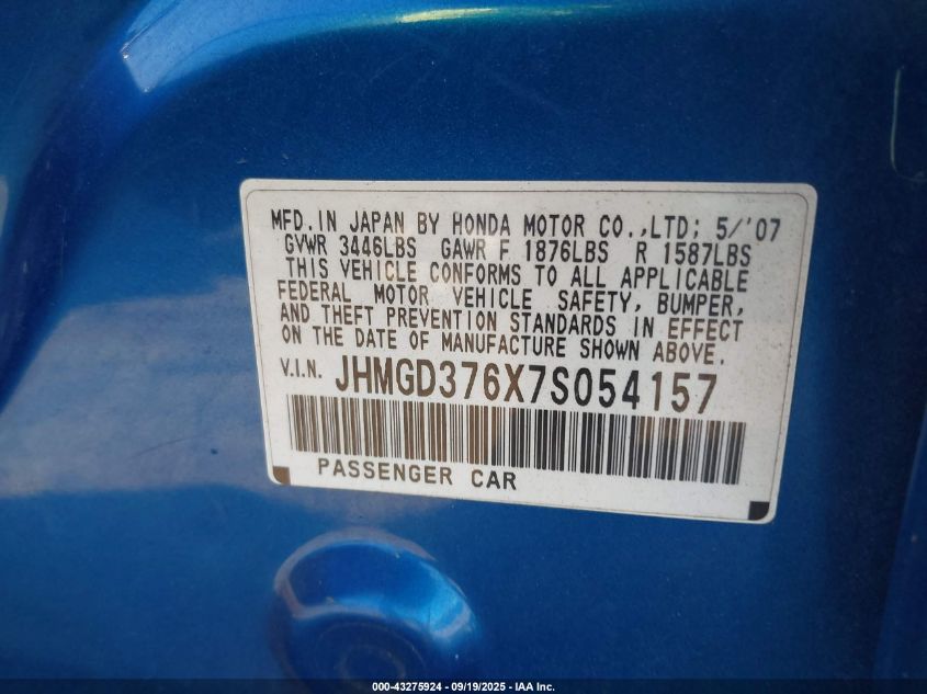 2007 Honda Fit Sport VIN: JHMGD376X7S054157 Lot: 43275924