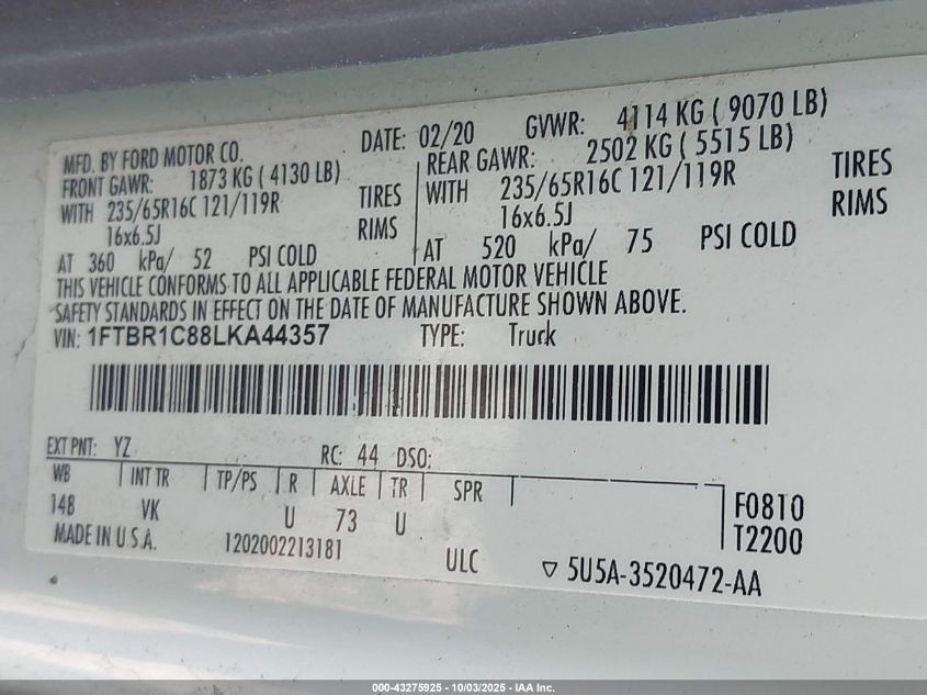 2020 Ford Transit-250 VIN: 1FTBR1C88LKA44357 Lot: 43275925