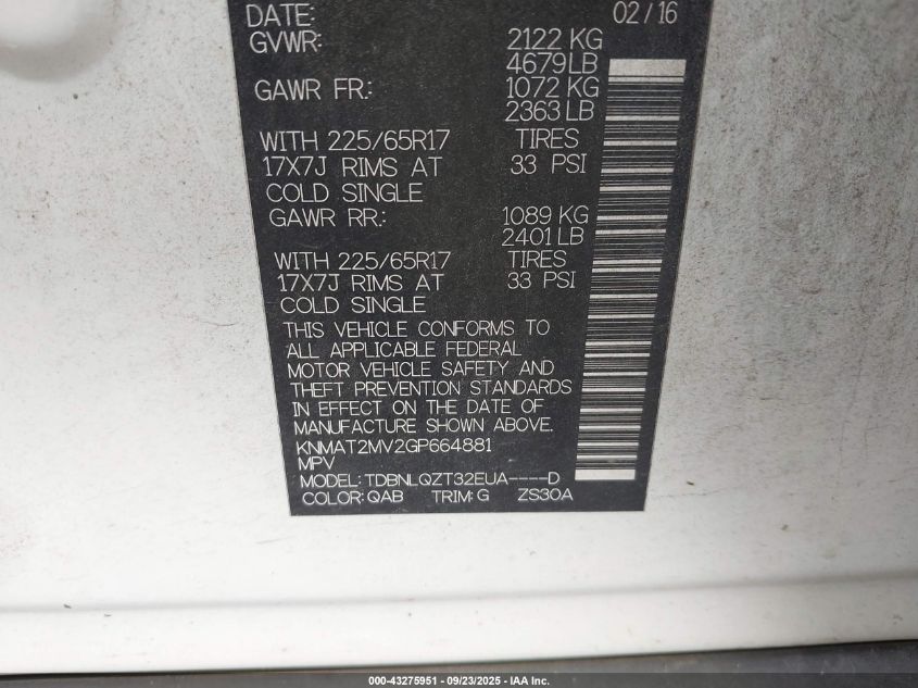 2016 Nissan Rogue Sv VIN: KNMAT2MV2GP664881 Lot: 43275951