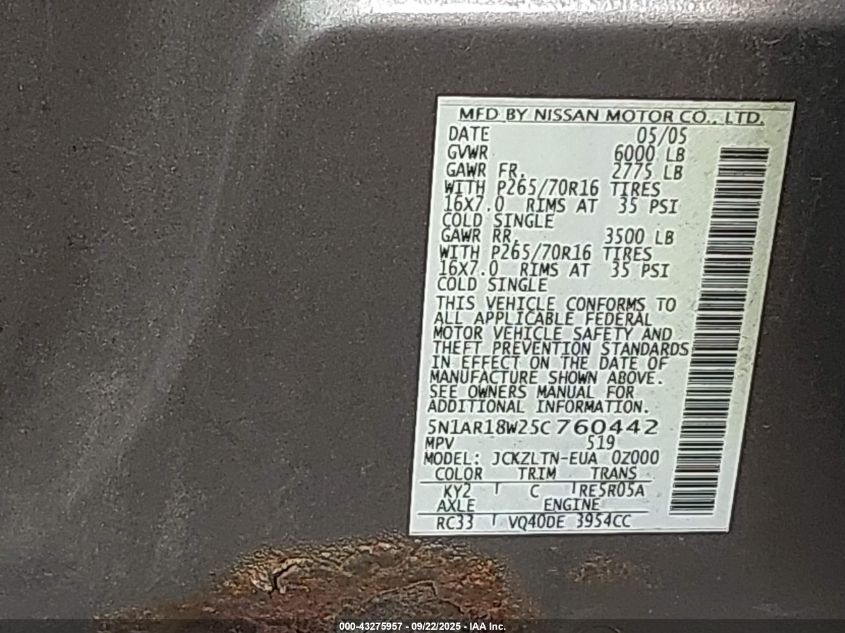 2005 Nissan Pathfinder Se VIN: 5N1AR18W25C760442 Lot: 43275957