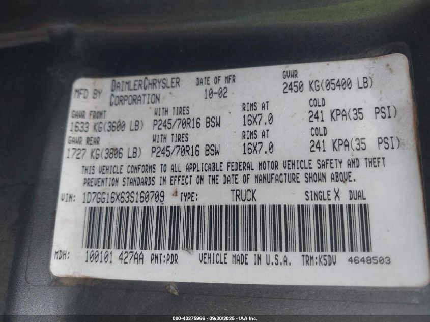 2003 Dodge Dakota VIN: 1D7GG16X63S160709 Lot: 43275966