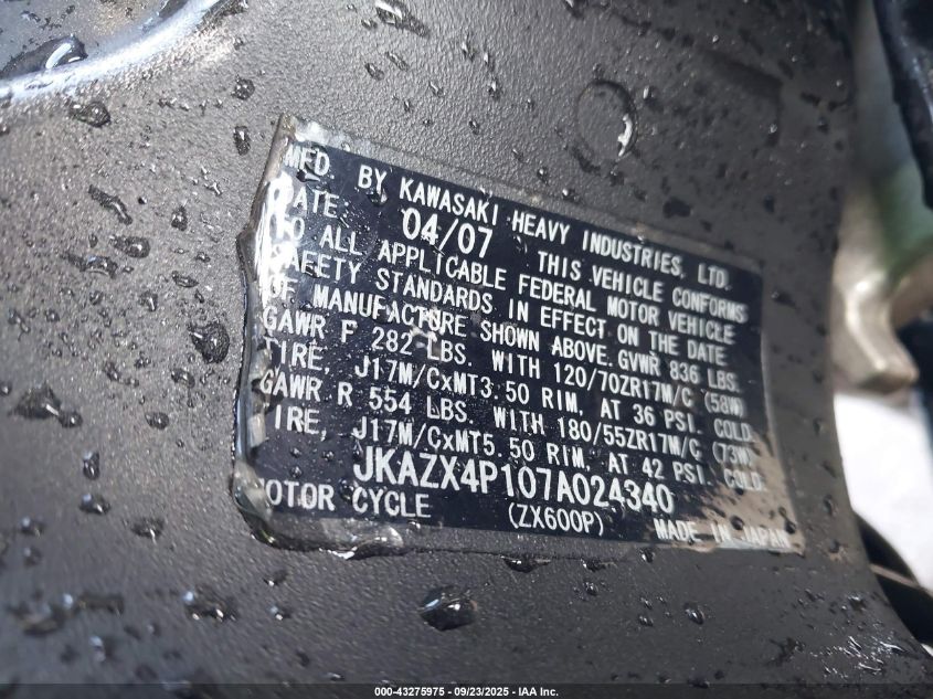 2007 Kawasaki Zx600 P VIN: JKAZX4P107A024340 Lot: 43275975