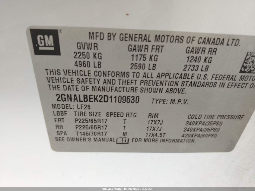 2013 Chevrolet Equinox Ls VIN: 2GNALBEK2D1109630 Lot: 43275982