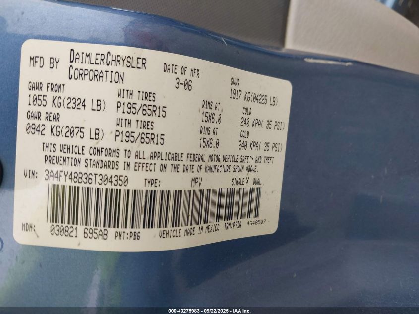 2006 Chrysler Pt Cruiser VIN: 3A4FY48B36T304350 Lot: 43275983