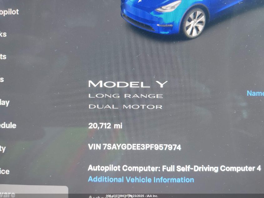 2023 Tesla Model Y Awd/Long Range Dual Motor All-Wheel Drive VIN: 7SAYGDEE3PF957974 Lot: 43275987