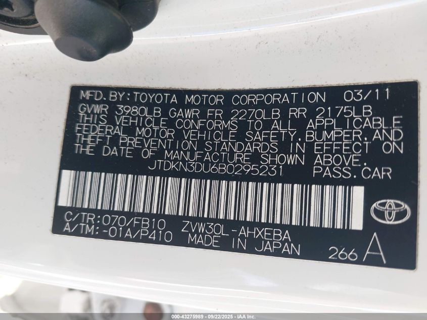 2011 Toyota Prius Two VIN: JTDKN3DU6B0295231 Lot: 43275989