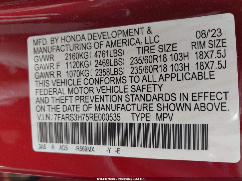 2024 Honda Cr-V Ex-L 2Wd VIN: 7FARS3H75RE000535 Lot: 43276004