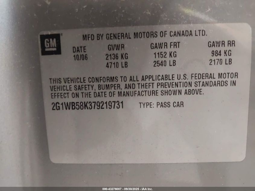 2007 Chevrolet Impala Ls VIN: 2G1WB58K379219731 Lot: 43276007