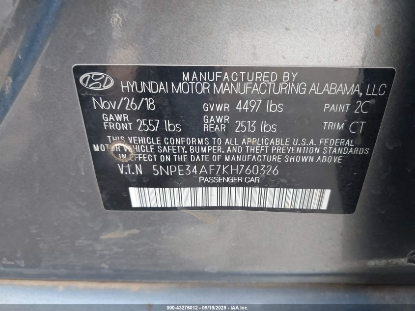 2019 Hyundai Sonata Sel VIN: 5NPE34AF7KH760326 Lot: 43276012