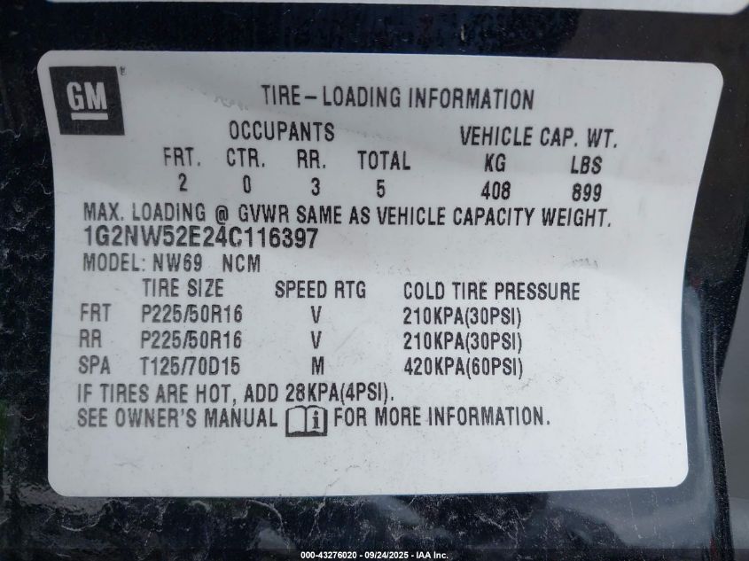 2004 Pontiac Grand Am Gt VIN: 1G2NW52E24C116397 Lot: 43276020