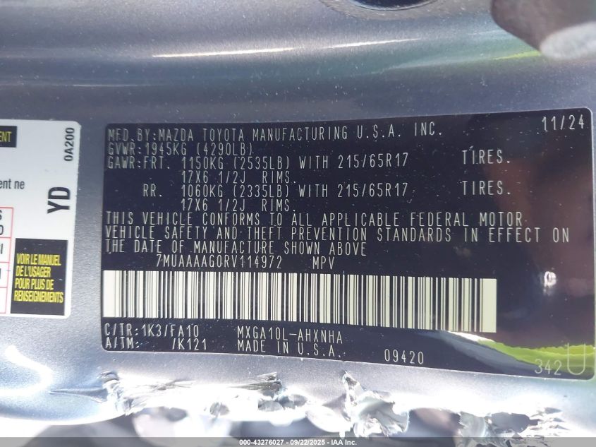 2024 Toyota Corolla Cross L VIN: 7MUAAAAG0RV114972 Lot: 43276027