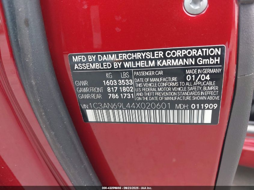 2004 Chrysler Crossfire VIN: 1C3AN69L44X020601 Lot: 43276032