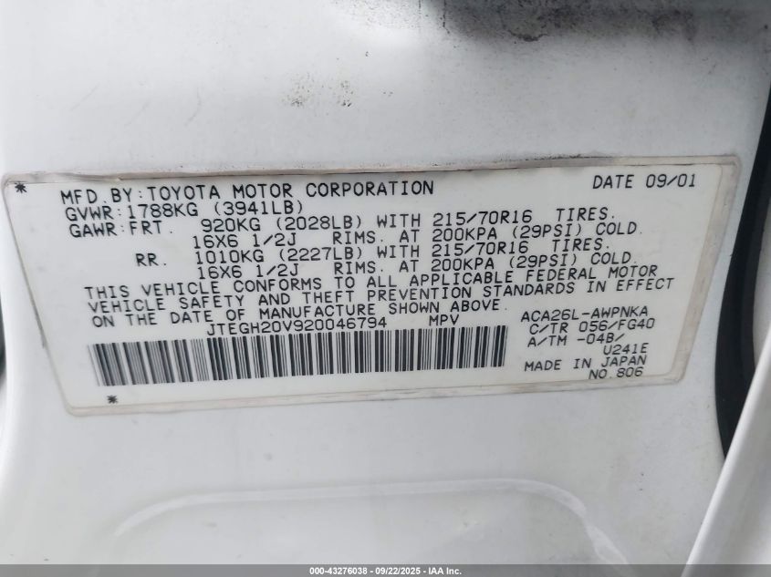 2002 Toyota Rav4 VIN: JTEGH20V920046794 Lot: 43276038