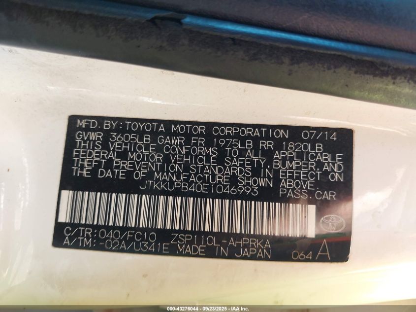 2014 Scion Xd VIN: JTKKUPB40E1046993 Lot: 43276044