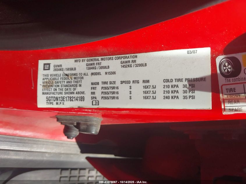 2007 Hummer H3 Suv VIN: 5GTDN13E178214189 Lot: 43276067