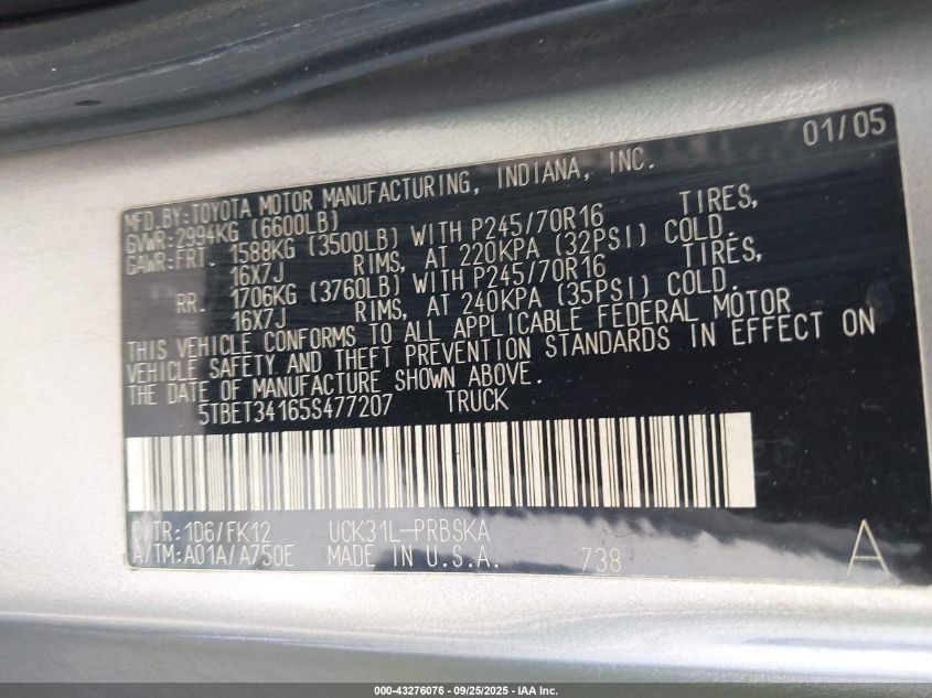 2005 Toyota Tundra Sr5 V8 VIN: 5TBET34165S477207 Lot: 43276076